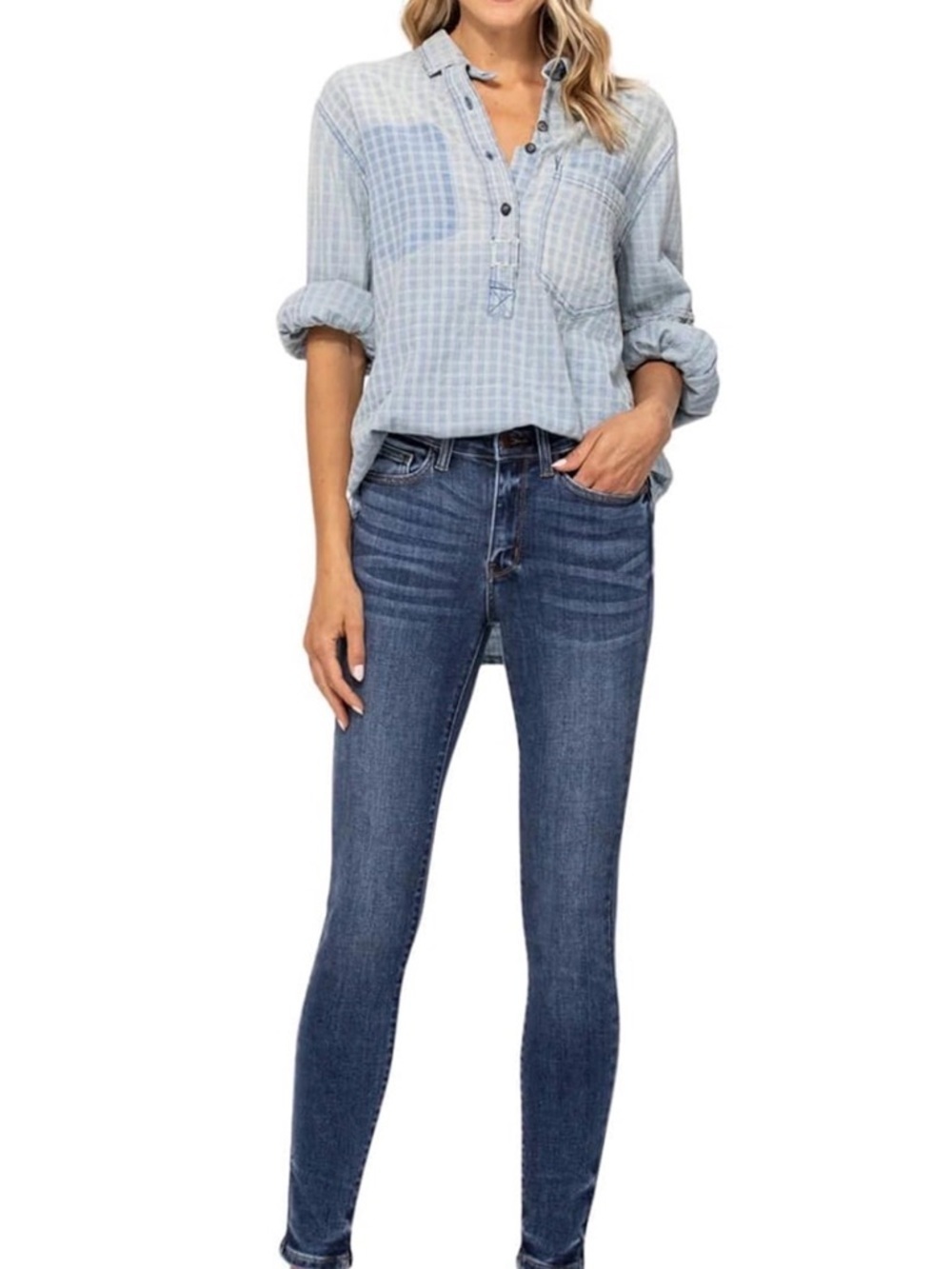 Judy Blue Medium Blue High-Rise Skinny Jeans with Faded Whisker Detail